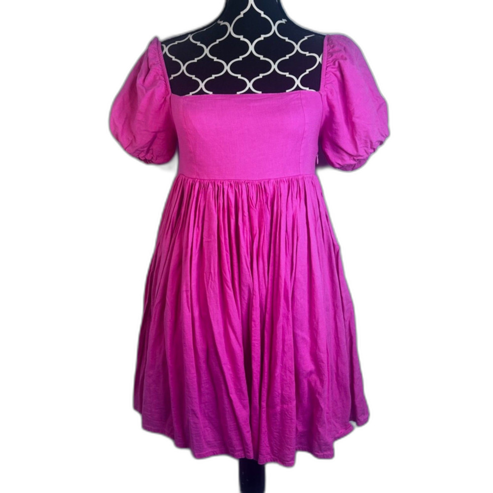 Mable Hot Pink Puff Sleeve Babydoll Playful Mini Dress Coquette Size Medium